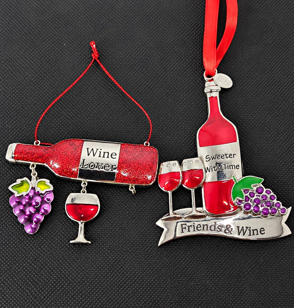 2pc Metal Wine Bottle Christmas Ornaments Glitter Hanging Red Silver 2018